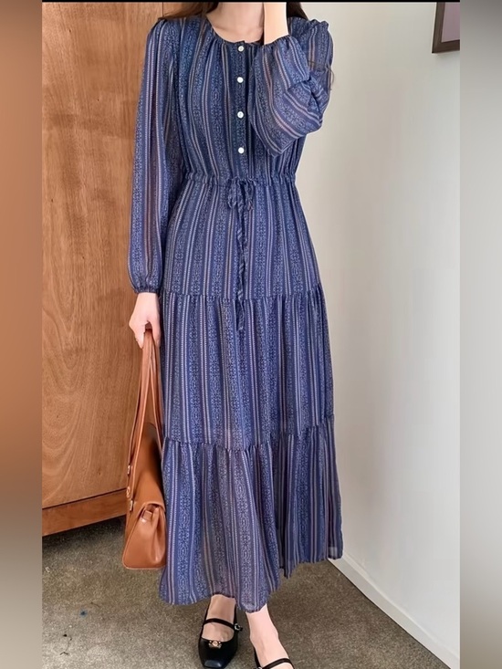 Dresses & Skirts - Old world vintage style Navy Stripe Button-Front Maxi Dress